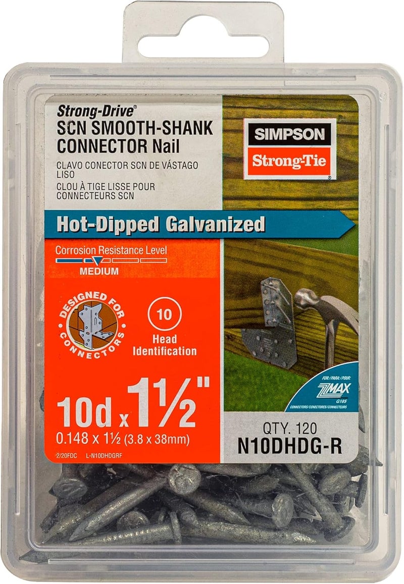 Simpson StrongTie N10DHDG-R Strong-Drive SCN SMOOTH-SHANK CONNECTOR Nail — 1-1/2 in. x 0.148 in. HDG (120-Qty) (Pack of 12) - Image 1