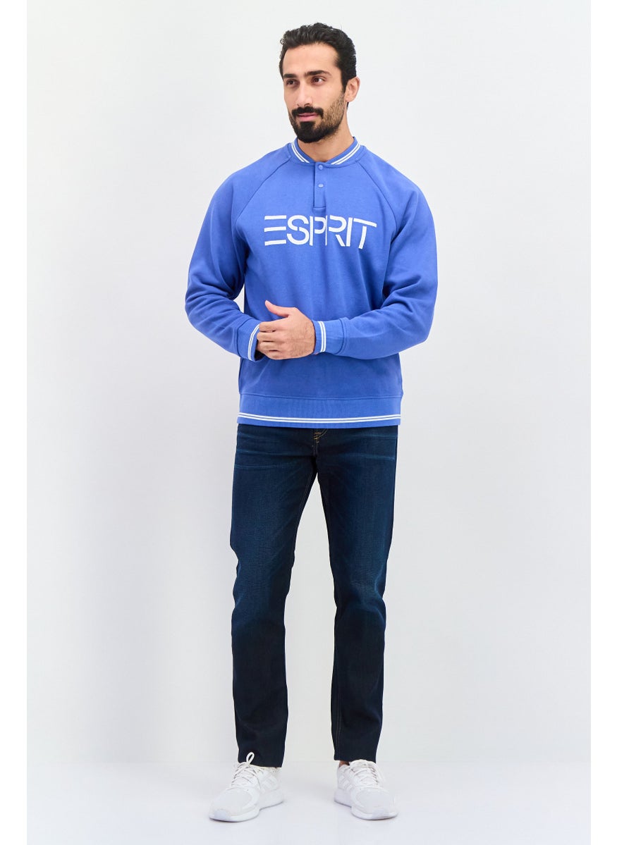 ESPRIT Men Band Collar Long Sleeve Brand Logo Sweatshirts, Blue  - Image 3