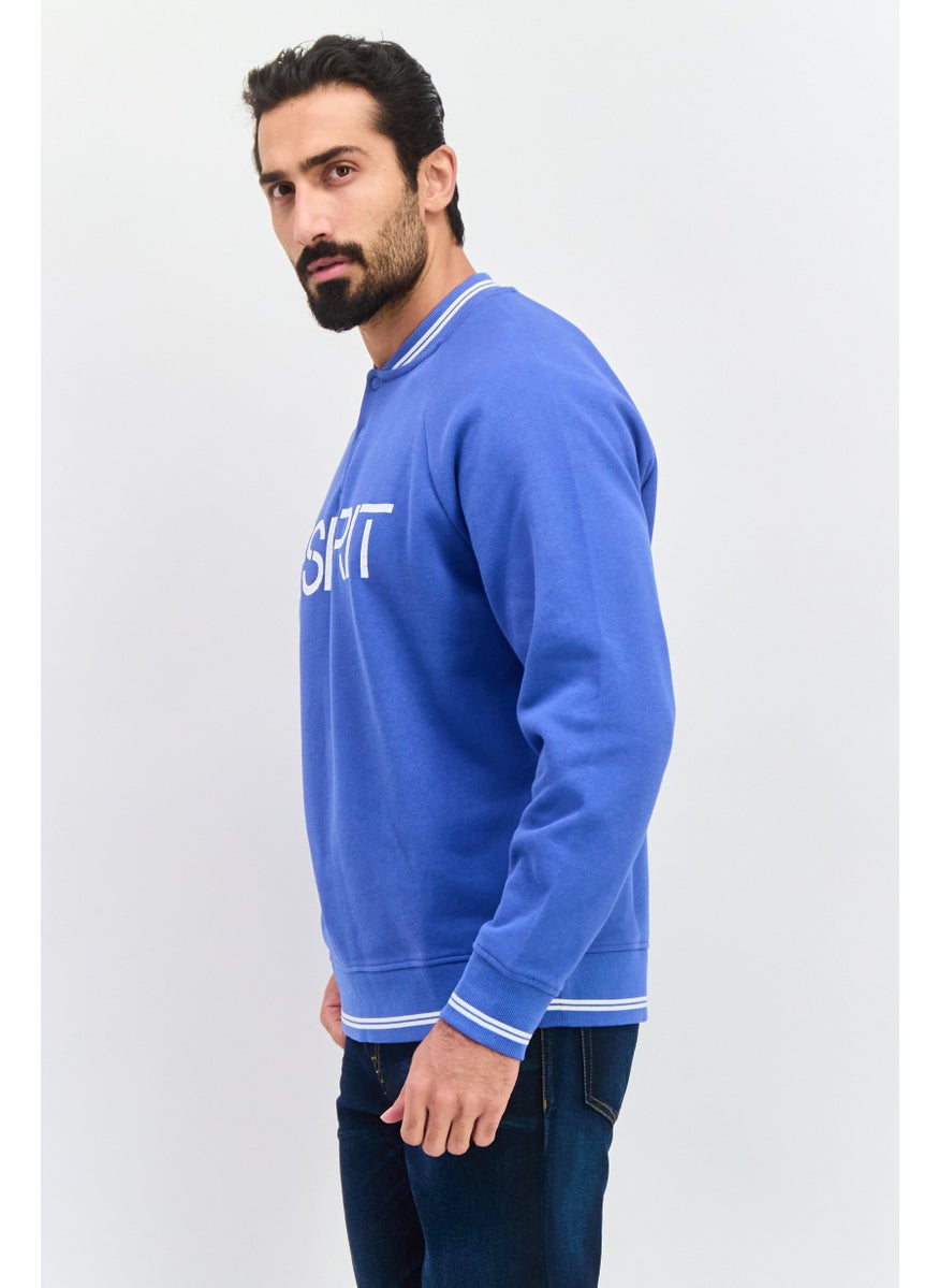 ESPRIT Men Band Collar Long Sleeve Brand Logo Sweatshirts, Blue  - Image 4