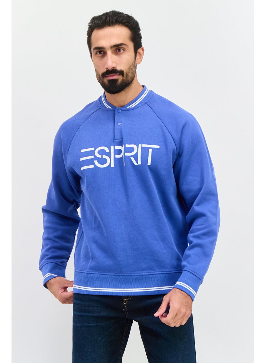 ESPRIT Men Band Collar Long Sleeve Brand Logo Sweatshirts, Blue  - Image 1