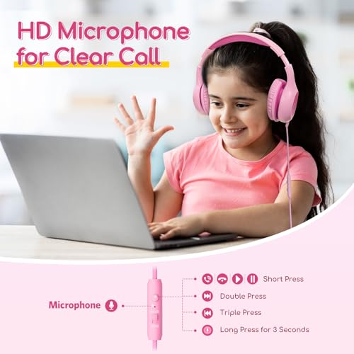 EarFun Kids Headphones Wired with Microphone, 85/94dB Volume Limit Headphones for Kids, Portable Wired Headphone with Shareport, Stereo Sound Foldable Headset for School/Tablet/Kindle Fuscia Pink - Image 2