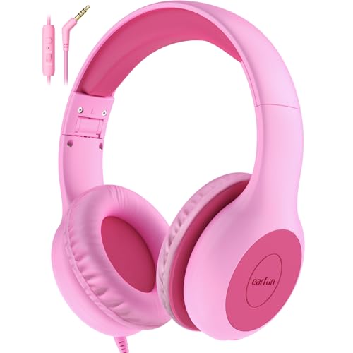 EarFun Kids Headphones Wired with Microphone, 85/94dB Volume Limit Headphones for Kids, Portable Wired Headphone with Shareport, Stereo Sound Foldable Headset for School/Tablet/Kindle Fuscia Pink - Image 1