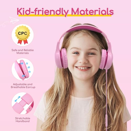 EarFun Kids Headphones Wired with Microphone, 85/94dB Volume Limit Headphones for Kids, Portable Wired Headphone with Shareport, Stereo Sound Foldable Headset for School/Tablet/Kindle Fuscia Pink - Image 4