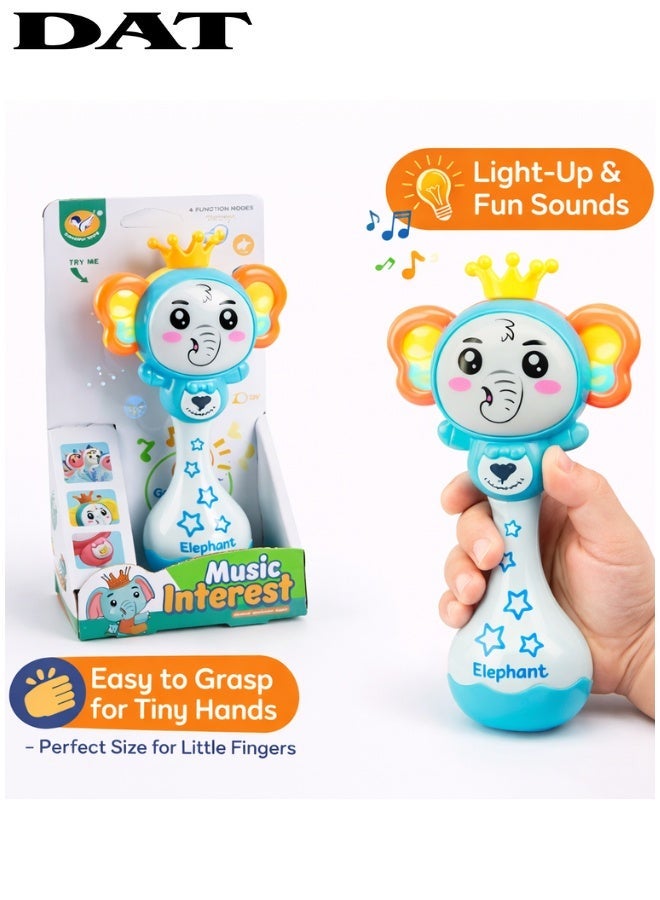 DAT Light-Up Baby Rattle Elephant Musical Toy with Fun Sounds, Flashing Lights, BPA & Phthalate Free, Easy-Grip Handle, Blue, for Infants - Image 1