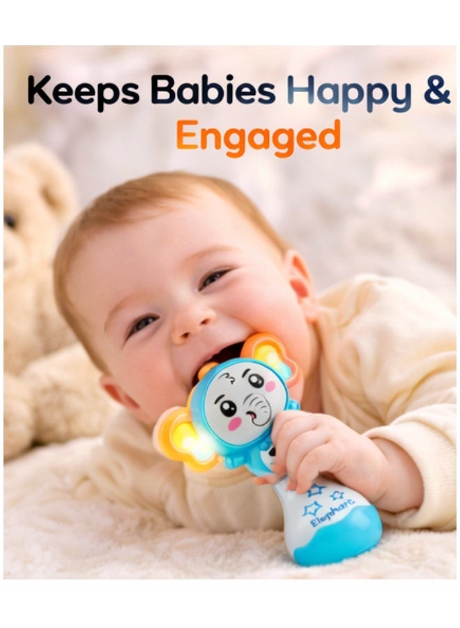 DAT Light-Up Baby Rattle Elephant Musical Toy with Fun Sounds, Flashing Lights, BPA & Phthalate Free, Easy-Grip Handle, Blue, for Infants - Image 4
