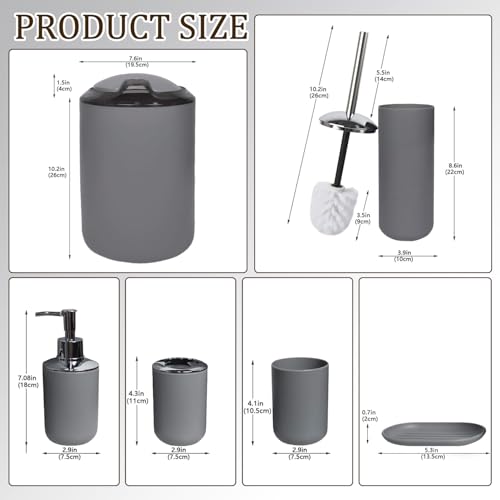 CERBIOR Bathroom Accessories Set 6 Piece Bath Ensemble Includes Soap Dispenser, Toothbrush Holder, Toothbrush Cup, Soap Dish for Decorative Countertop and Housewarming Gift (Light grey-6pcs) - Image 2