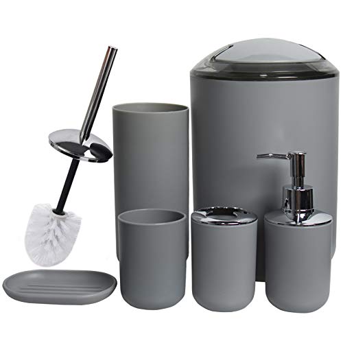 CERBIOR Bathroom Accessories Set 6 Piece Bath Ensemble Includes Soap Dispenser, Toothbrush Holder, Toothbrush Cup, Soap Dish for Decorative Countertop and Housewarming Gift (Light grey-6pcs) - Image 1