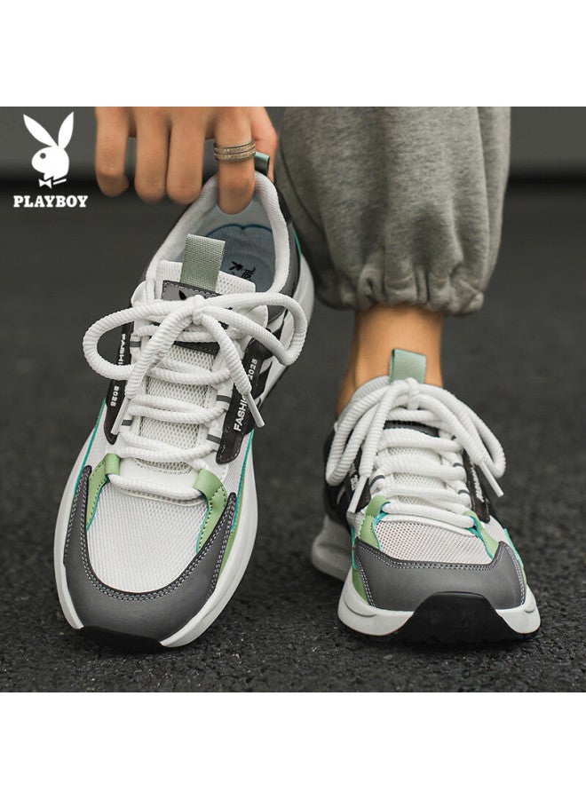 Playboy Men's Dad Shoes Summer Mesh Sneakers Men's Casual Breathable Thick-soled Sports Shoes White Green Size 40 - Image 1