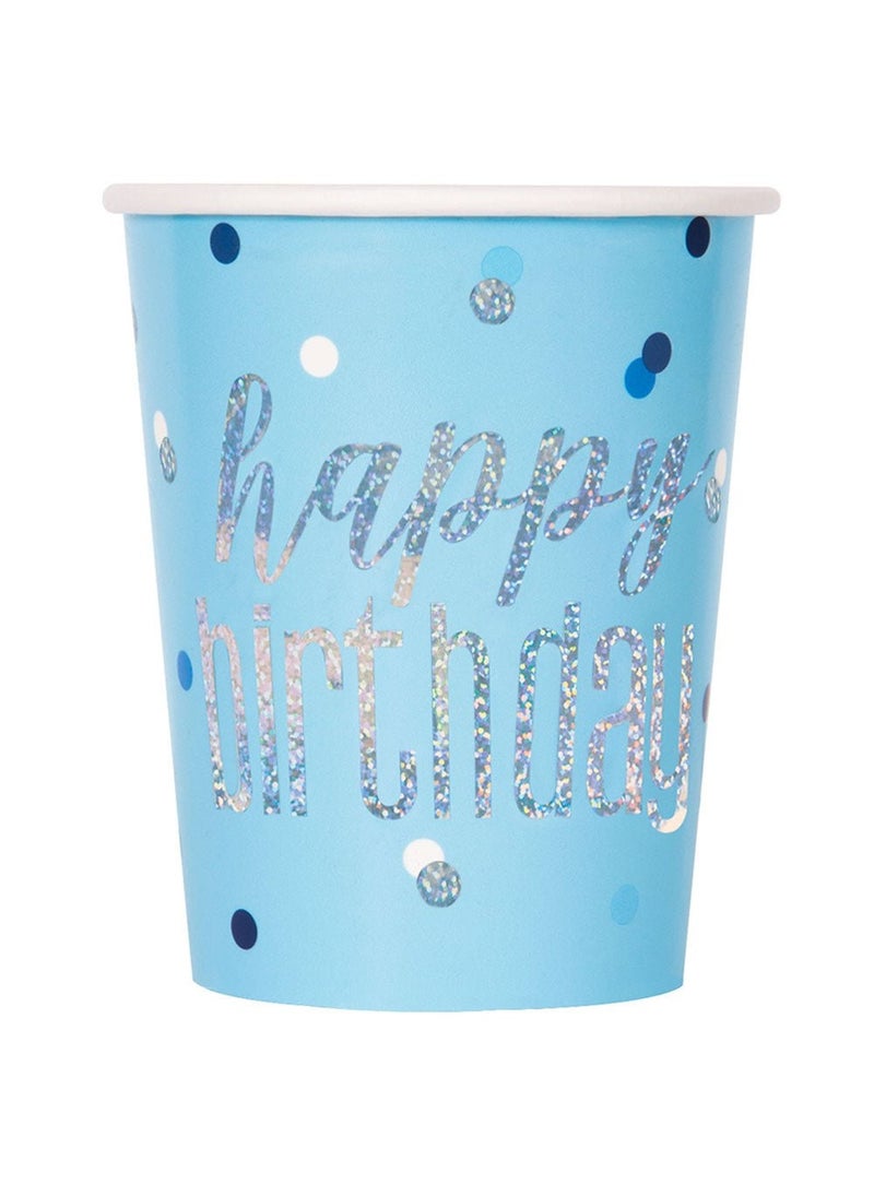 Unique Happy Birthday Disposable Paper Cups Blue Silver 9cm 8-Pack