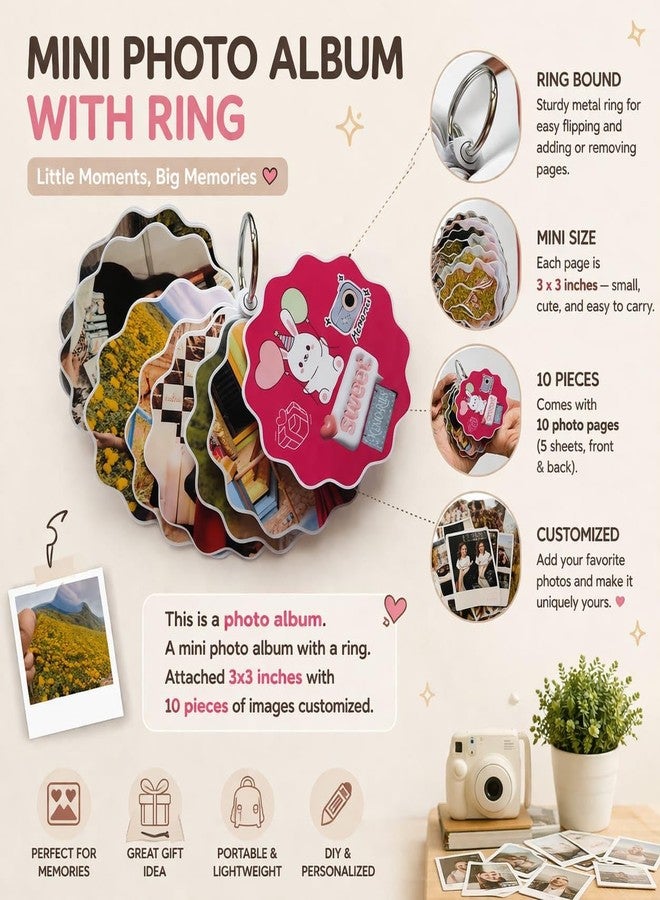 GLOBEADO Customise your Mini Photo Album with Ring, 3x3 Inch, 10 Pieces, Personalise with your favorite phots, pets, destinations, Gift for Couples, Friends and Family - Image 4