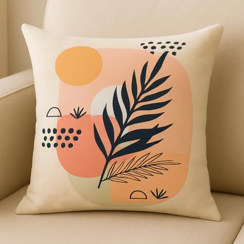 FABANE Jute Cushion Cover 18x18 Inch – Set of 6 Decorative Throw Pillow Covers for Sofa, Couch or Bed – Designer Printed Square Cushion Covers – Home Décor (Peach Leaf) - Image 2