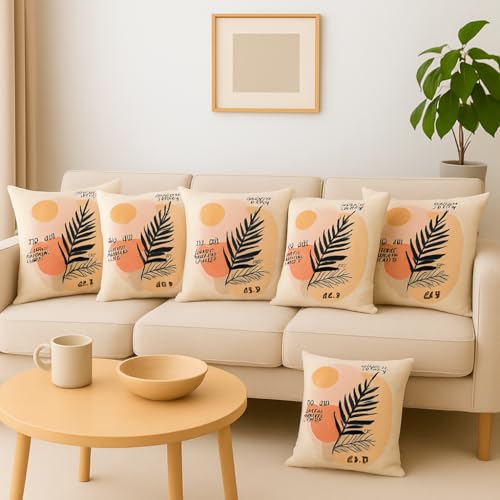 FABANE Jute Cushion Cover 18x18 Inch – Set of 6 Decorative Throw Pillow Covers for Sofa, Couch or Bed – Designer Printed Square Cushion Covers – Home Décor (Peach Leaf) - Image 1
