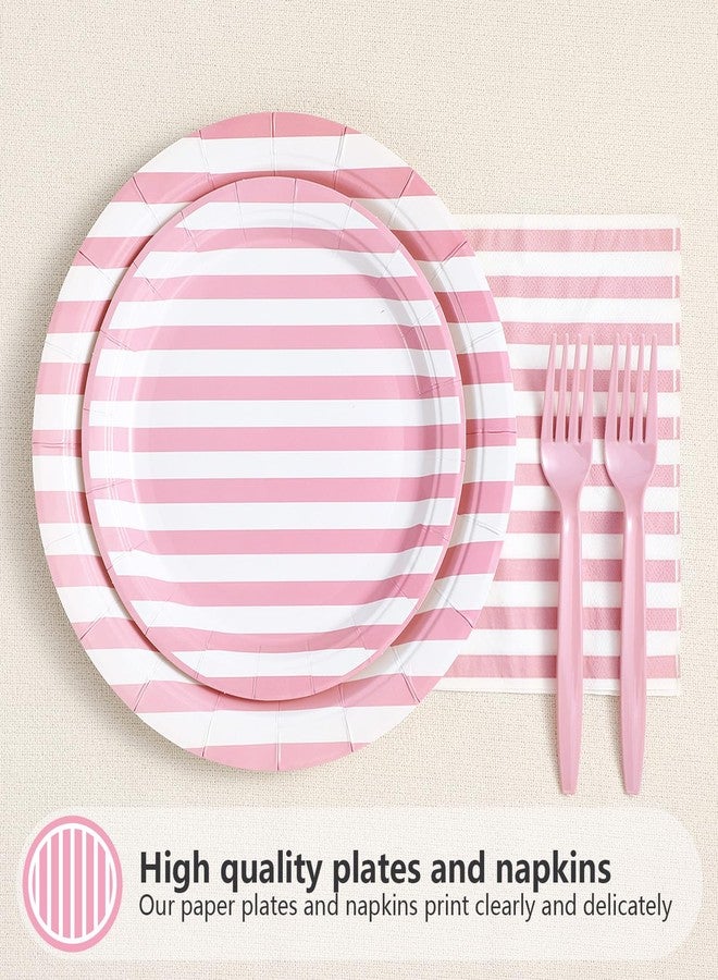 Grencian 96Pcs Pink Striped Party Supplies Pink and White Cocktail Stripe Plates and Napkins Tableware Sets Summer Birthday Decoration Favors for Wedding Bridal Baby Shower BBQ Party Serve 24 - Image 3