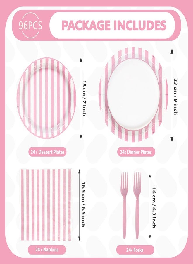 Grencian 96Pcs Pink Striped Party Supplies Pink and White Cocktail Stripe Plates and Napkins Tableware Sets Summer Birthday Decoration Favors for Wedding Bridal Baby Shower BBQ Party Serve 24 - Image 2