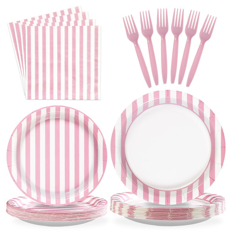 Grencian 96Pcs Pink Striped Party Supplies Pink and White Cocktail Stripe Plates and Napkins Tableware Sets Summer Birthday Decoration Favors for Wedding Bridal Baby Shower BBQ Party Serve 24 - Image 1