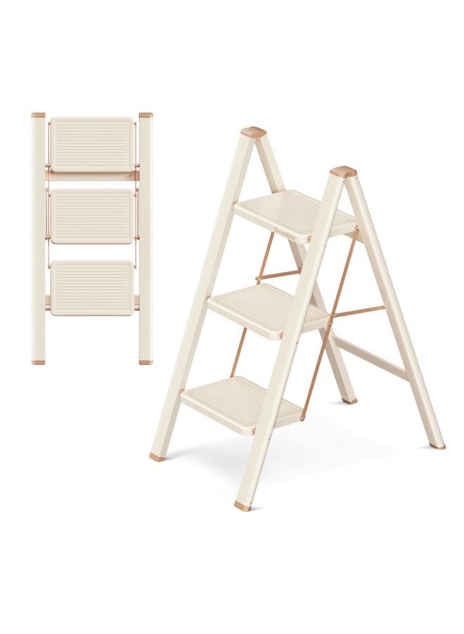 GameGem 3 Step Ladder Folding Step Stool with Wide Anti-Slip Pedal, 330LBS Capacity, Lightweight Portable Stepladder for Home and Kitchen Use, Cream Chocolate - Image 1