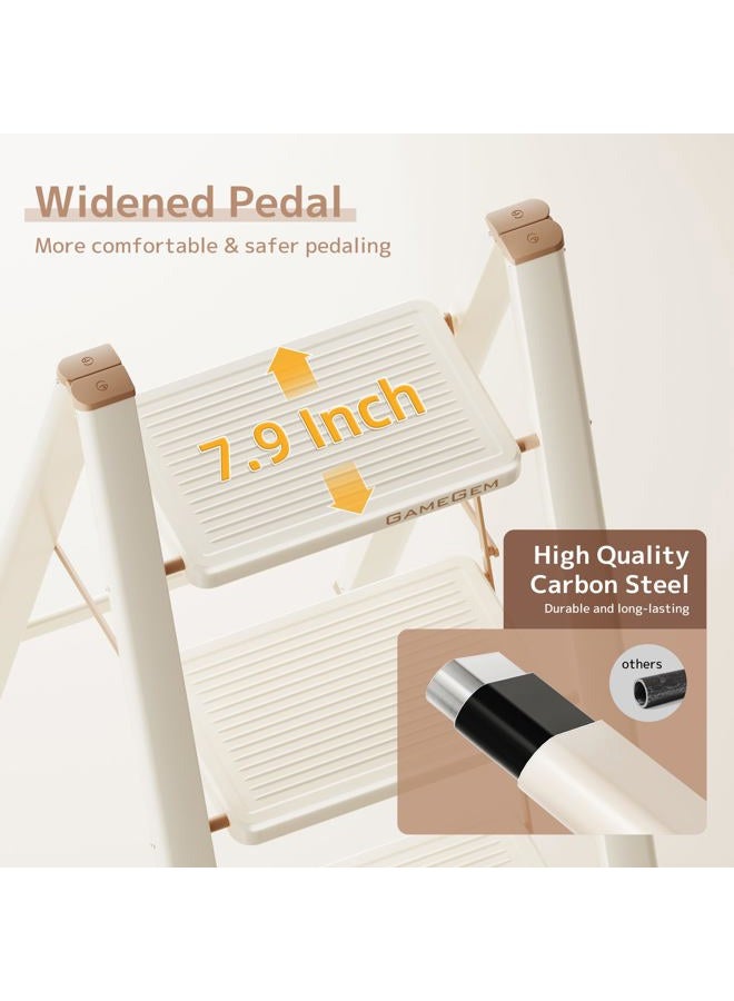 GameGem 3 Step Ladder Folding Step Stool with Wide Anti-Slip Pedal, 330LBS Capacity, Lightweight Portable Stepladder for Home and Kitchen Use, Cream Chocolate - Image 3