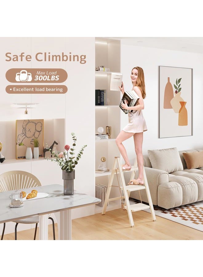 GameGem 3 Step Ladder Folding Step Stool with Wide Anti-Slip Pedal, 330LBS Capacity, Lightweight Portable Stepladder for Home and Kitchen Use, Cream Chocolate - Image 2
