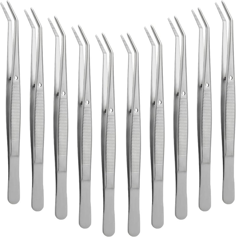 Honoson 10 Pieces Stainless Steel Tweezers with Curved Serrated Tip Multipurpose Tweezers Sewing Machine Tweezers Forceps Tweezers with Serrated Tip and Knurled Handle - Image 1