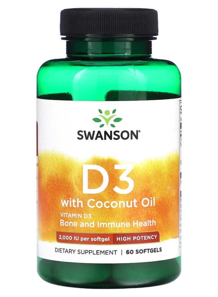 SWANSON Vitamin D3 with Coconut Oil - High Potency 2,000 Iu 60 Sgels