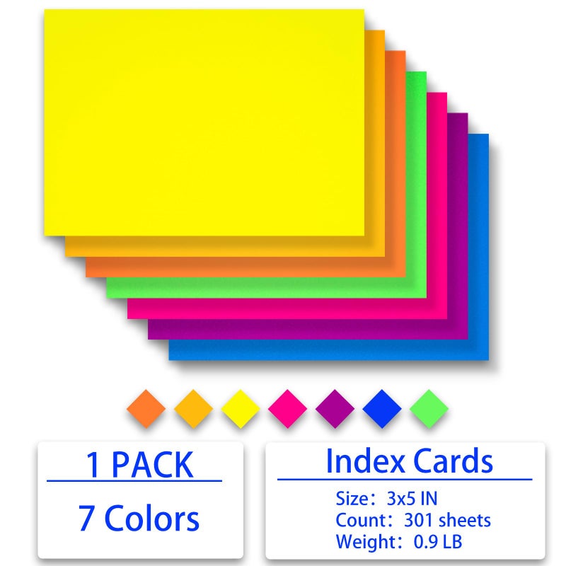 MAGECUBIKU Index Cards 301-Count 3x5 Inch,178GSM Heavyweight Set of 7 Fluorescent Colors Paper Multicolor Study Cards - Image 4