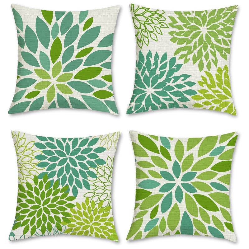 Bonhause Lime Green Pillow Covers 18 x 18 Inch Set of 4 Outdoor Geometric Dahlia Pinnata Floral Decorative Throw Pillow Cases Linen Cushion Covers for Sofa Couch Car Bedroom Home Decor