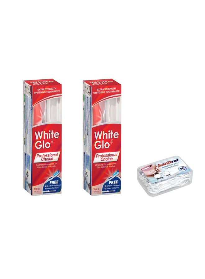 White Glo Extra Strength Whitening Toothpaste Professional Choice 100ml - 2 Packs with Sanitral 50 Pcs Dental Floss Stick Included as a Gift - Image 1