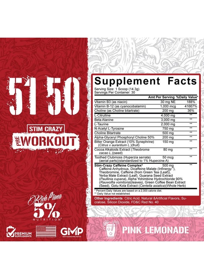 5% Nutrition 5% Nutrition Rich Piana 5150 High Stim Pre-Workout Powder | Extreme Energy, Focus, Pumps & Endurance | 400 mg Caffeine, Citrulline, Beta Alanine, N-Acetyl L-Tyrosine | 30 Srvgs (Pink Lemonade)  - Image 2