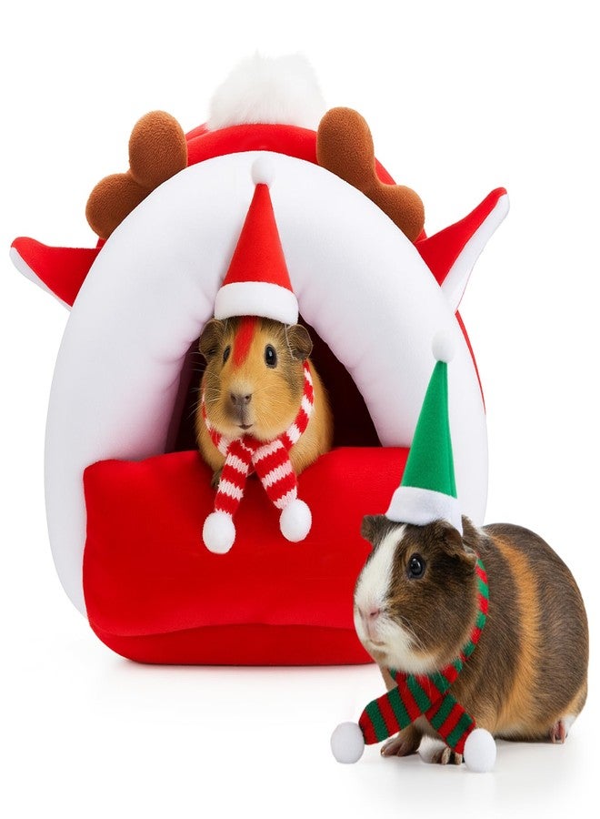 AceOrbit 5 Pcs Christmas Guinea Pig Hideout Set Warm Guinea Pig House Cozy Small Animal Pet Hideouts Bed with Mini Santa Hat and Scarf Accessories for Chinchillas Dwarf Rabbit Hamster to Sleep Hide, M - Image 1