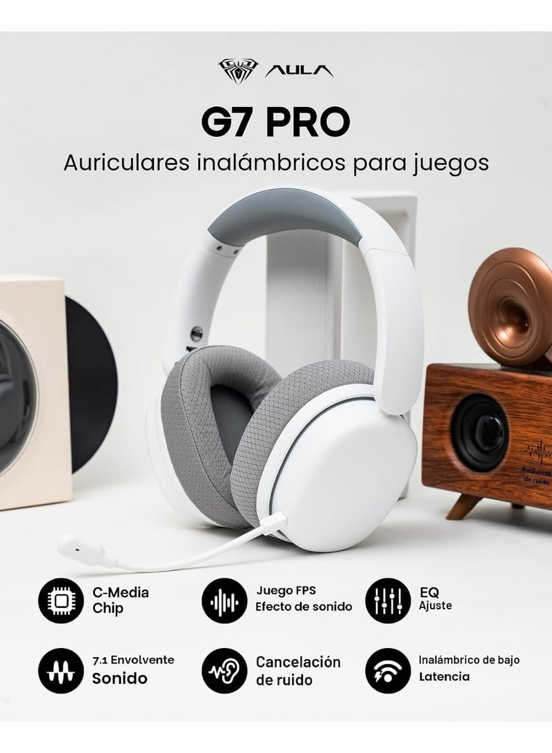 Aula G7 Pro - Auriculares inalámbricos para juegos, modo dual BT5.3 y 2.4GHz, sonido envolvente 7.1, batería de más de 80 horas, luz RGB, con micrófono con cancelación de ruido para PS5 | 7.1 Surround Sound, 80+ Hour Battery, RGB Light, with Noise Canceling Mic for PS5, PS4, Switch, PC (White) - Image 2