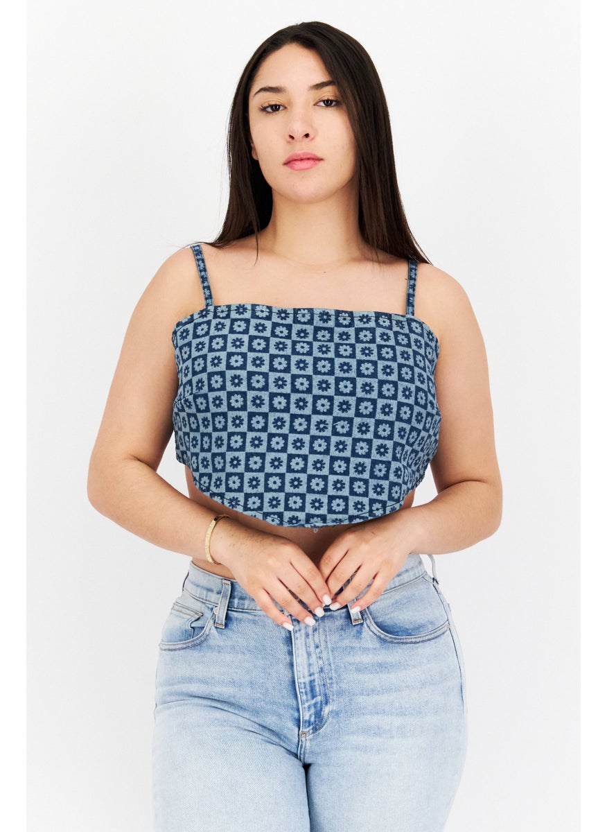 Violet Romance - Women Square Neck Sleeveless Floral Print Denim Crop Top, Wash Blue - Image 1