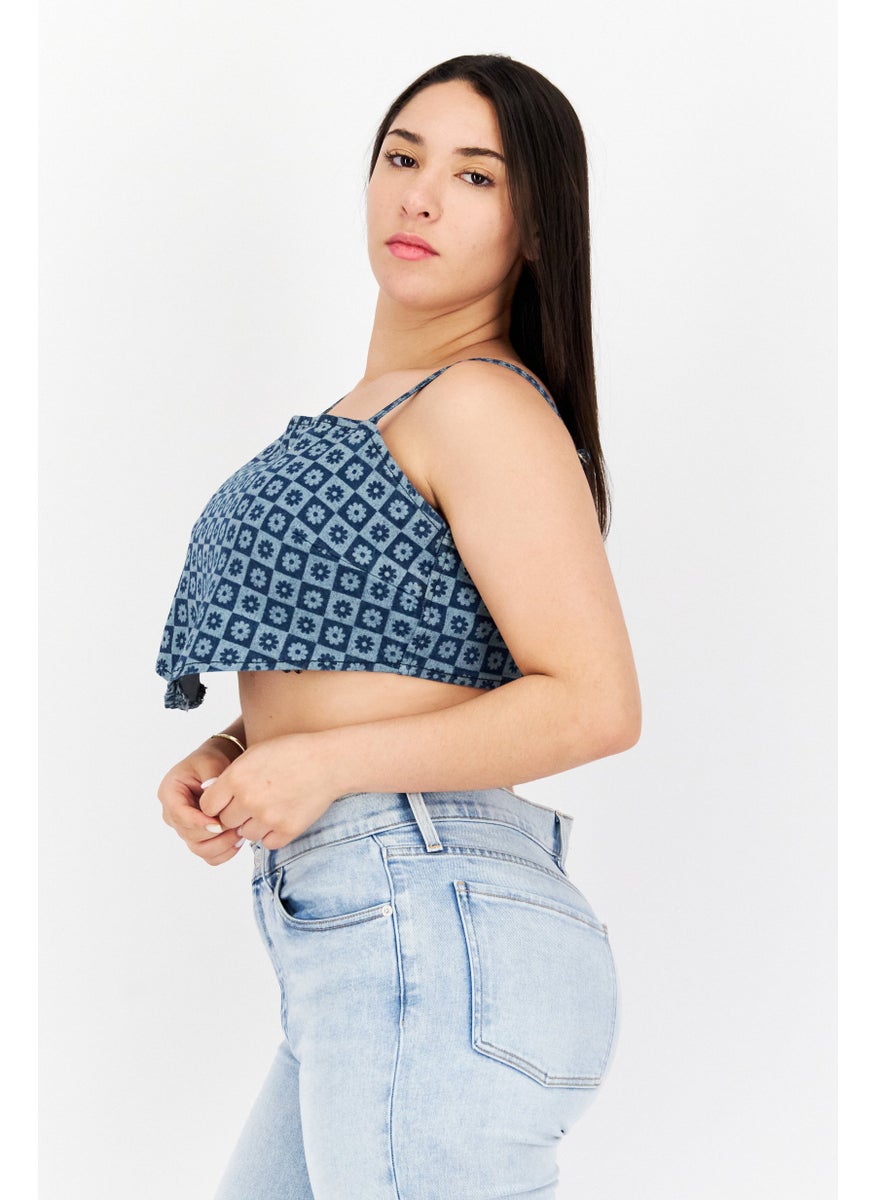 Violet Romance - Women Square Neck Sleeveless Floral Print Denim Crop Top, Wash Blue - Image 1