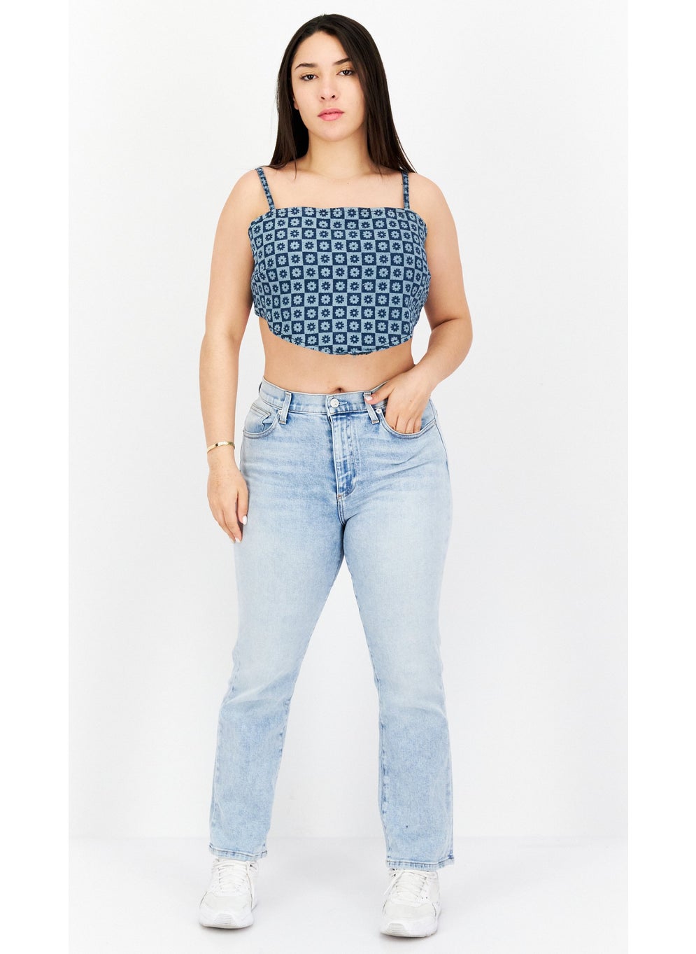 Violet Romance - Women Square Neck Sleeveless Floral Print Denim Crop Top, Wash Blue - Image 1