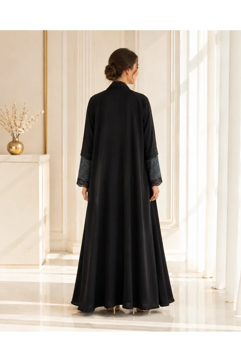Kavalee Women's Black Polka Dot Lace Trim Full-Length Abaya