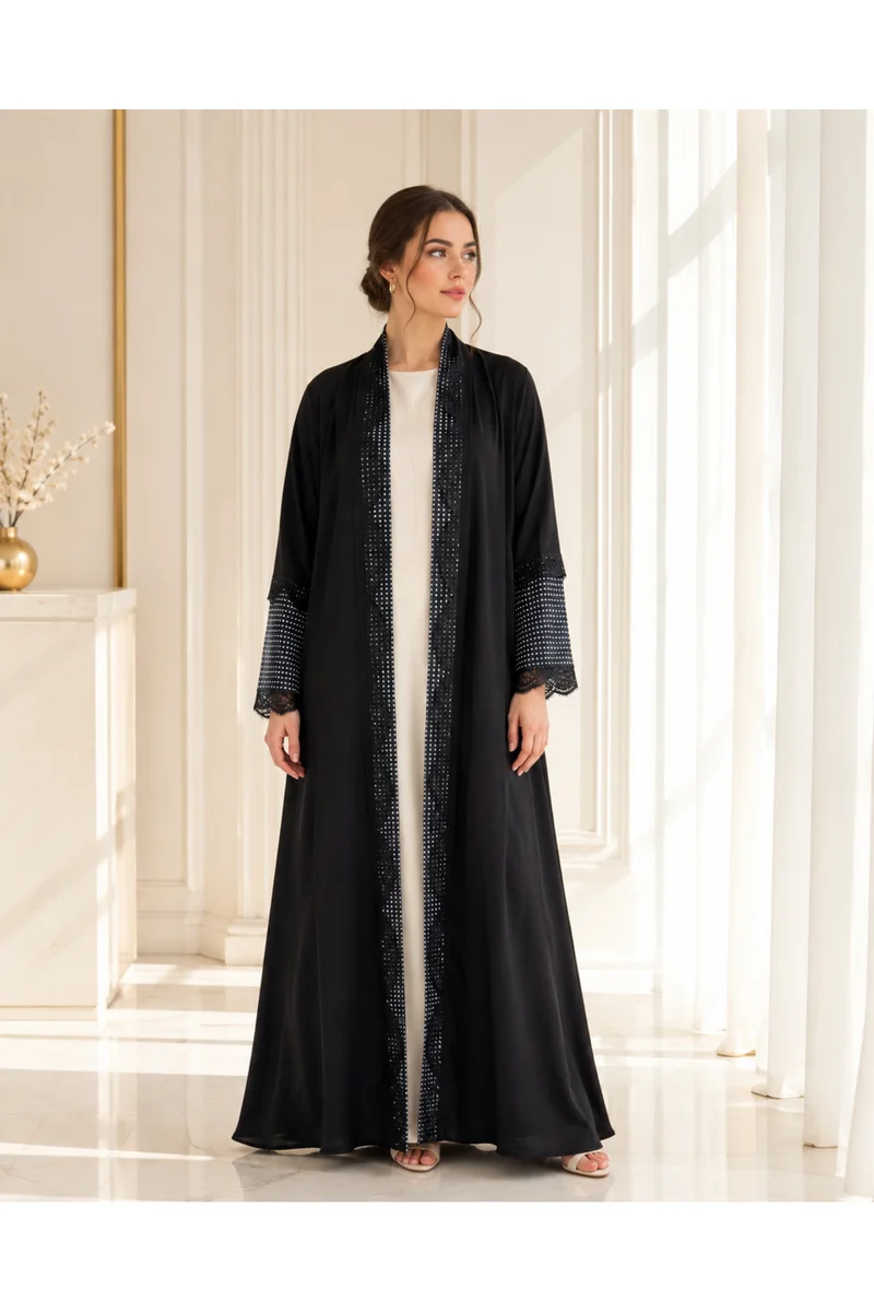 Kavalee Women's Black Polka Dot Lace Trim Full-Length Abaya