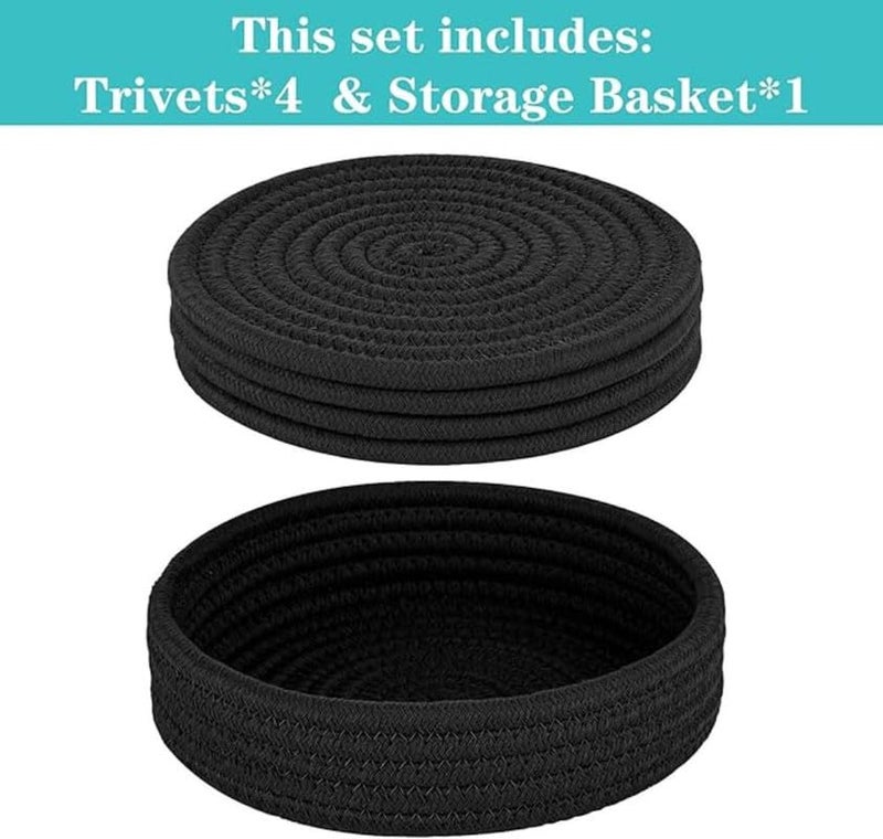 GRATIFY Mansa for Hot Dishes, Pots and Pans, Hot Pads with Storage Basket, Pot Holders for Kitchen, Heat Resistant Mat Protect Counter Home Essentials, Farmhouse Decor (Pack of 4 with Cover) Black - Image 3