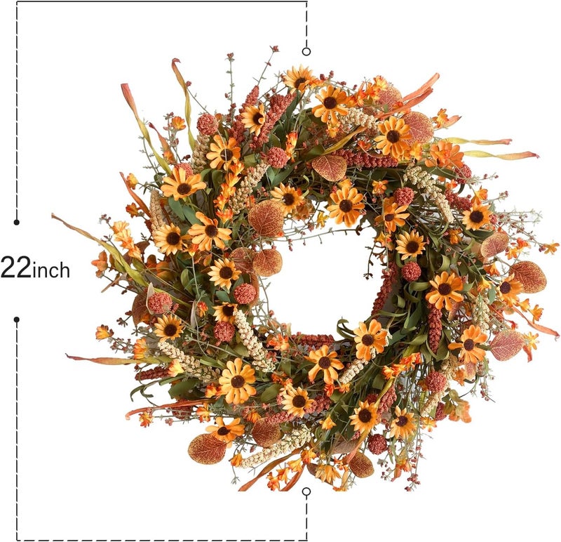 Bibelot Fall Front Door Wreath, 22" Artificial Floral with Colorful Daisies and Autumn Foliage - Orange for Wall, Window and Thanksgiving Decor - Image 3