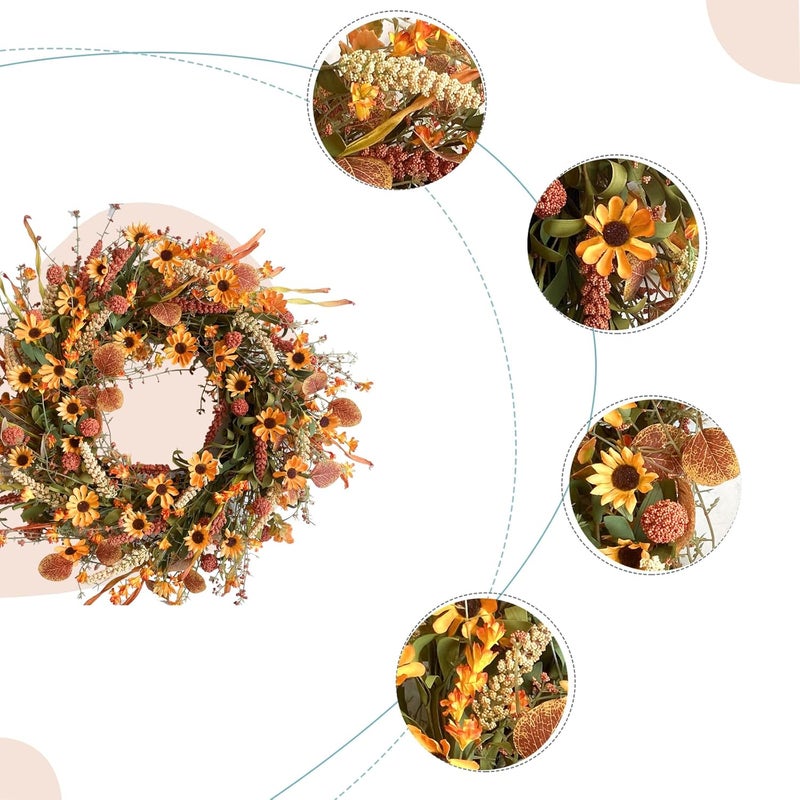 Bibelot Fall Front Door Wreath, 22" Artificial Floral with Colorful Daisies and Autumn Foliage - Orange for Wall, Window and Thanksgiving Decor - Image 2