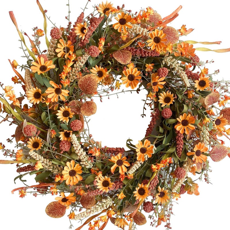 Bibelot Fall Front Door Wreath, 22" Artificial Floral with Colorful Daisies and Autumn Foliage - Orange for Wall, Window and Thanksgiving Decor - Image 1