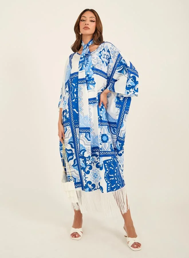 Take Two Take Two Printed Batwing Sleeve Kaftan Dress with Tassel Detail