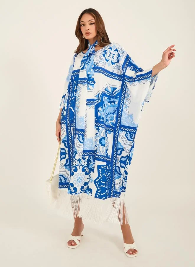 Take Two Take Two Printed Batwing Sleeve Kaftan Dress with Tassel Detail