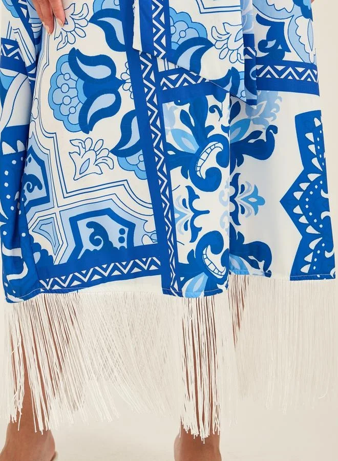 Take Two Take Two Printed Batwing Sleeve Kaftan Dress with Tassel Detail