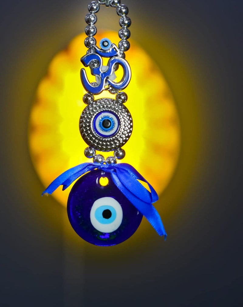DT DECTONE Metal Om Design Evil Eye With Blue Pendant Decoration | Lucky Om Hanging Ornament Amulet For Car, Home And Office For Protection And Blessing (Blue, 1 Om) - Image 3