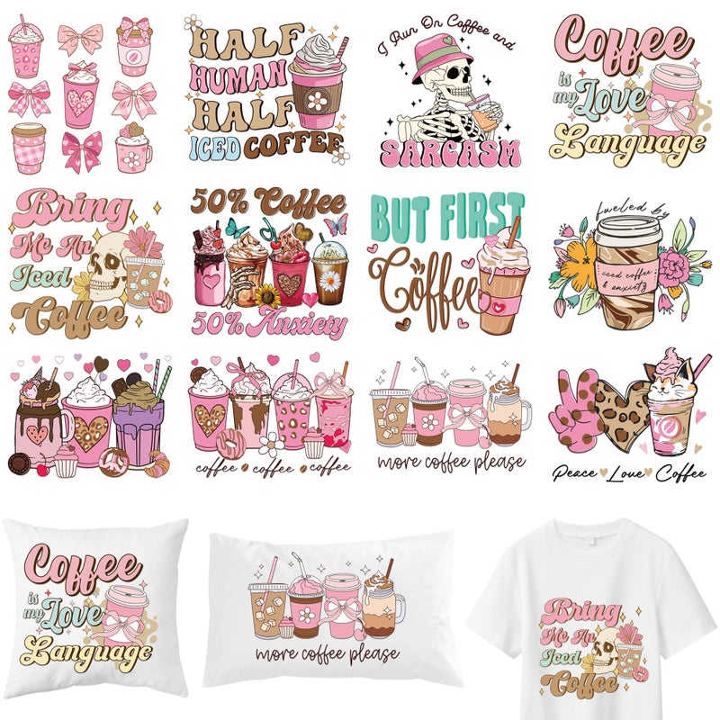 EoBeCy 12 Sheets Coffee Iron on Transfers for T-Shirts, Funny DTF Transfers Ready to Press Heat Transfers Vinyl, Pink Iron on Patches Decals for Clothes Bag Hoodie Pillow Covers DIY Crafts - Image 1