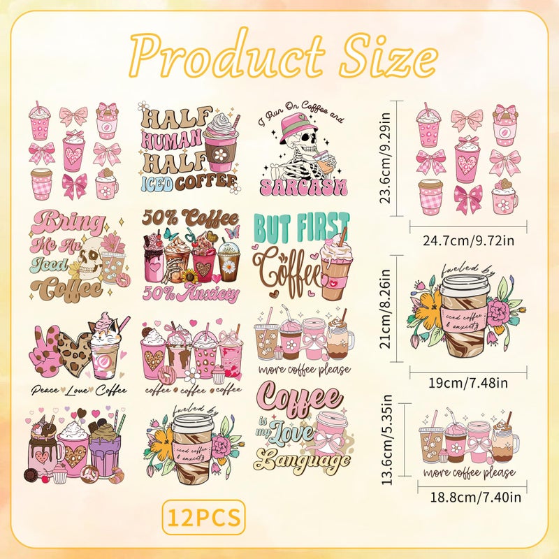 EoBeCy 12 Sheets Coffee Iron on Transfers for T-Shirts, Funny DTF Transfers Ready to Press Heat Transfers Vinyl, Pink Iron on Patches Decals for Clothes Bag Hoodie Pillow Covers DIY Crafts - Image 2
