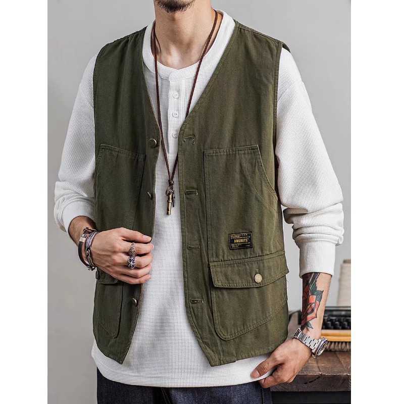 Overalls Vest Jacket Summer Trendy Brand Sleeveless Vest Ins Multi-Pocket Thin Waistcoat Tactical Vest Jacket for Men Khaki - Image 5