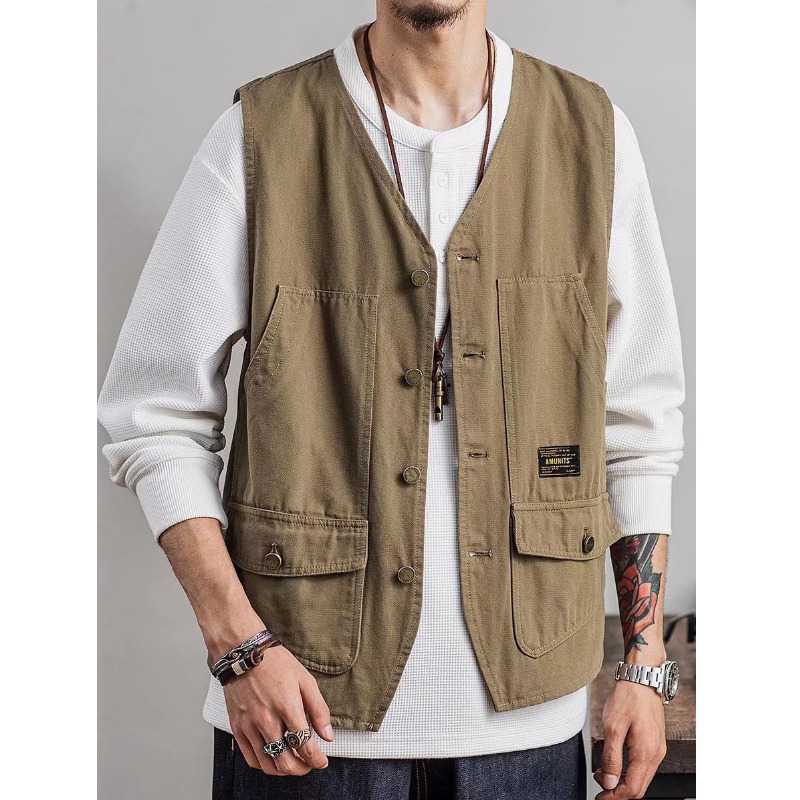 Overalls Vest Jacket Summer Trendy Brand Sleeveless Vest Ins Multi-Pocket Thin Waistcoat Tactical Vest Jacket for Men Khaki - Image 1
