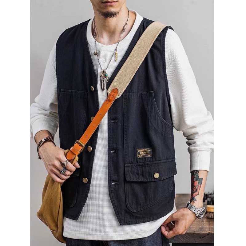 Overalls Vest Jacket Summer Trendy Brand Sleeveless Vest Ins Multi-Pocket Thin Waistcoat Tactical Vest Jacket for Men Khaki - Image 2