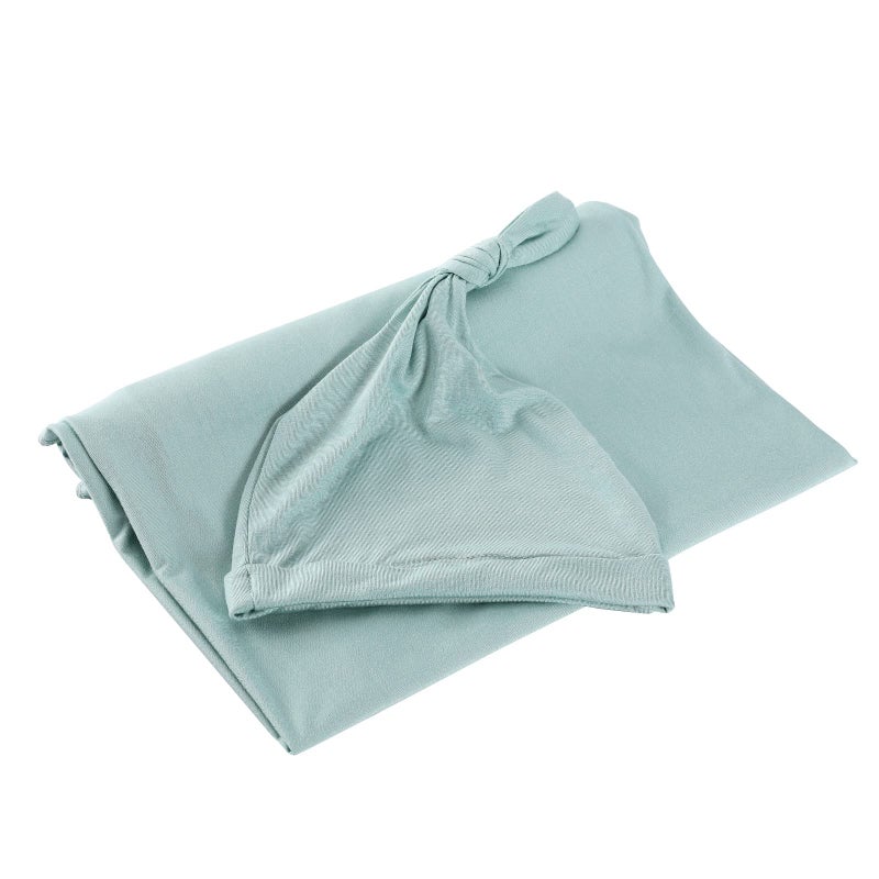 iEvolve Cotton Knitted Baby Swaddle Blanket with Hat Headband Set Newborn Swaddle Wrap Receiving Blankets for Baby Girl Boy 35" x 35"(LightGreen) - Image 2