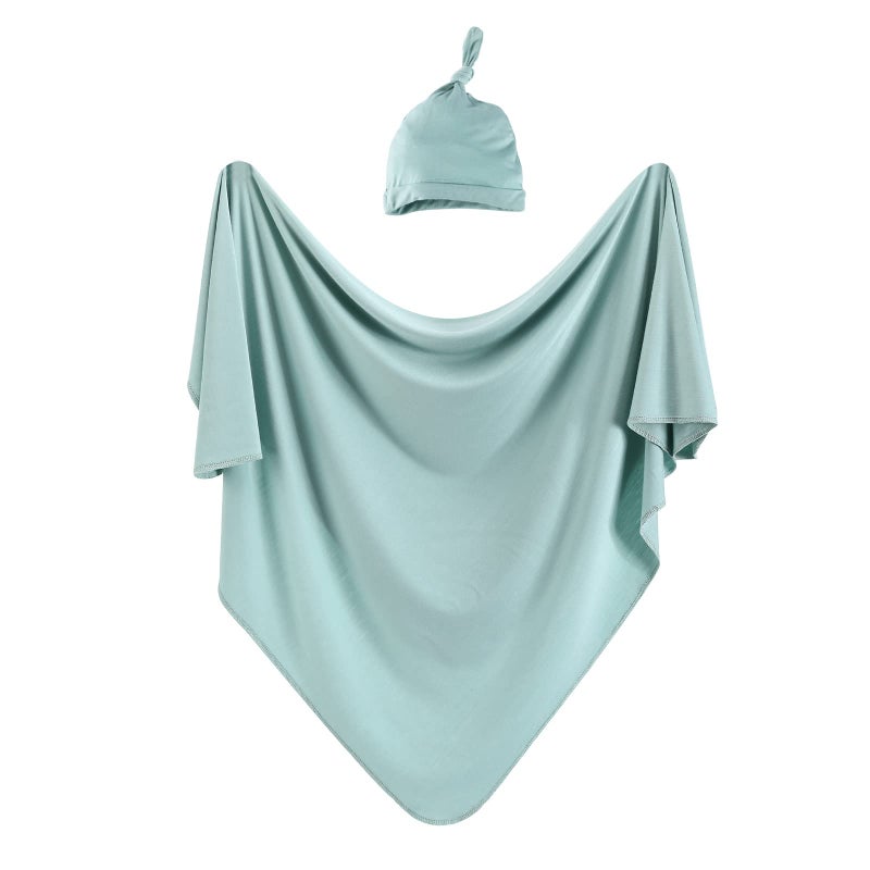 iEvolve Cotton Knitted Baby Swaddle Blanket with Hat Headband Set Newborn Swaddle Wrap Receiving Blankets for Baby Girl Boy 35" x 35"(LightGreen) - Image 1